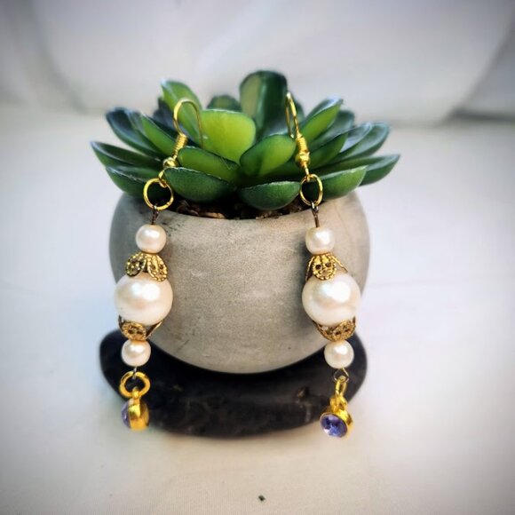 Handmade, Earrings with Upcycled Vintage Faux Pearls, Purple Crystal, Dangle - Picture 2 of 4